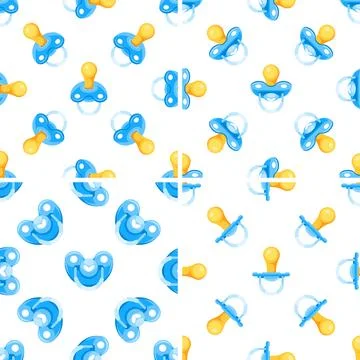 Seamless pattern with baby pacifiers showing different perspectives and shapes Stock Illustration