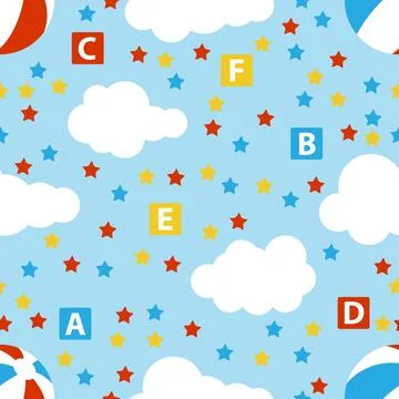 Seamless pattern with baby toy abc blocks alphabet clouds stars beach balls. 库存插图