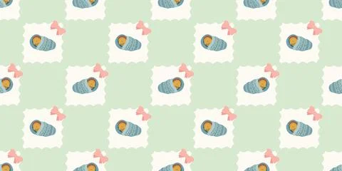 Seamless pattern baby wrapped in blue blanket with pink bow on green background Stock Illustration