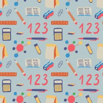 Seamless pattern back to school on blue background. Stock Illustration