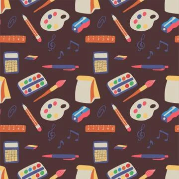 Seamless pattern back to school on brown background. イラスト素材