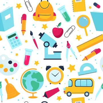 Seamless pattern back to school. Colorful flat office objects, students tools イラスト素材