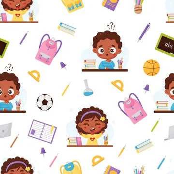 Seamless pattern back to school. Cute dark-skinned schoolchildren, thoughtful Illustrazione stock