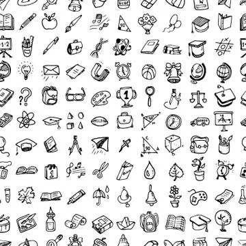 Seamless pattern Back to School doodle set. Various school stuff - supplies f 库存插图