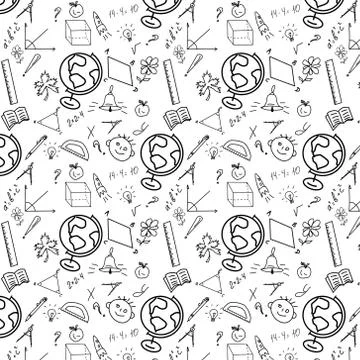 Seamless pattern. Back to school formulas with creative kid's doodle drawing. Stock Illustration