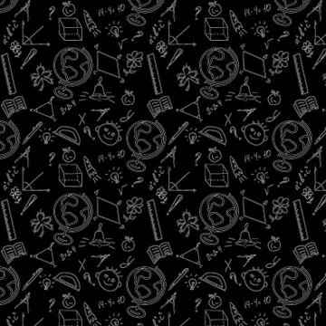 Seamless pattern. Back to school formulas. Doodle freehand chalk drawing on c Stock Illustration