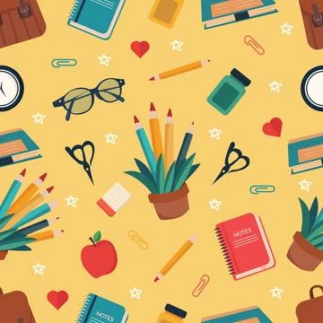 Seamless pattern of back to school including school supplies .Vector illust.. Stock Illustration