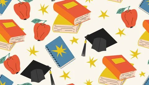 Seamless pattern in back to school theme with cartoon flat style books, stu.. Stock Illustration