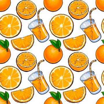 Seamless pattern, backdrop design of oranges and juice, sketch illustration Illustrazione stock