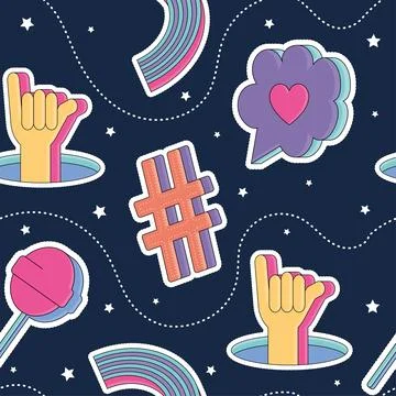 Seamless pattern background 3d groovy sticker icons wallpaper Vector Stock Illustration