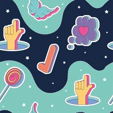 Seamless pattern background 3d groovy sticker icons wallpaper Vector Stock Illustration