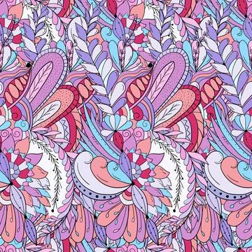 Seamless pattern background with abstract flowers, leaves Stock Illustration