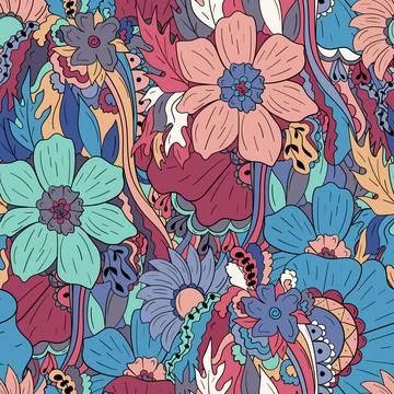 Seamless pattern background with abstract flowers, leaves Stock Illustration