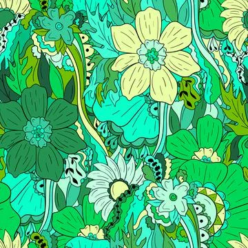 Seamless pattern background with abstract flowers, leaves Stock Illustration