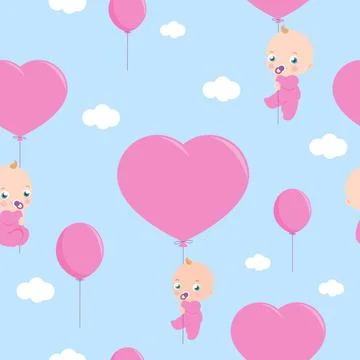 Seamless pattern background with babies and balloons in the sky. Stock Illustration