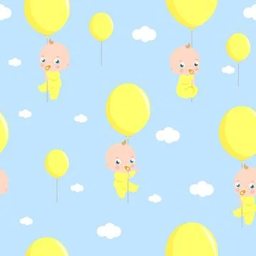 Seamless pattern background with babies and balloons in the sky. Stock Illustration