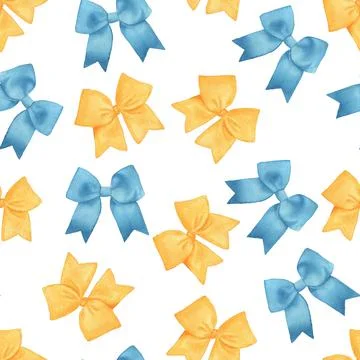 Seamless pattern background with blue and yellow bow and bow-tie on white Stock Illustration