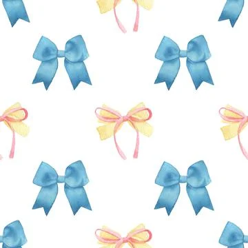 Seamless pattern background with blue and yellow bow and bow-tie on white Stock Illustration