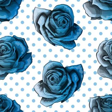 Seamless pattern, background with blue gradient roses, on polka dots background Illustration