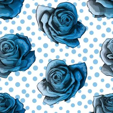 Seamless pattern, background with blue gradient roses, on polka dots background Stock Illustration