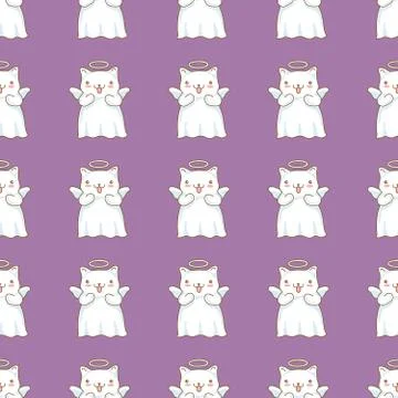 Seamless pattern background with cartoon cats pictured as a little angels with Stock Illustration