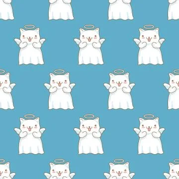 Seamless pattern background with cartoon cats pictured as a little angels with Stock Illustration