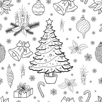 Seamless pattern background with christmas decorative elements. Coloring book Stock Illustration