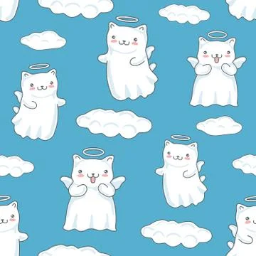 Seamless pattern background with clouds, cartoon cats pictured as a little Illustrazione stock