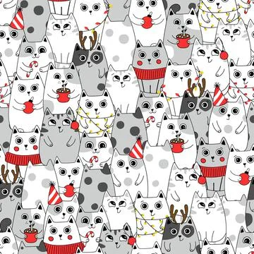 Seamless pattern background cute cat in snow for winter. Doodle style. Can be Stock Illustration