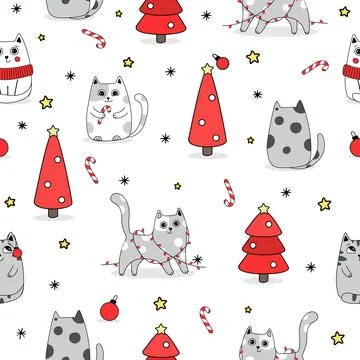 Seamless pattern background cute cat in snow for winter. Doodle style Stock Illustration