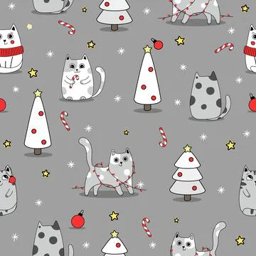 Seamless pattern background cute cat in snow for winter. Doodle style Stock Illustration