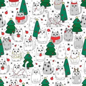 Seamless pattern background cute cat in snow for winter. Doodle style Stock Illustration