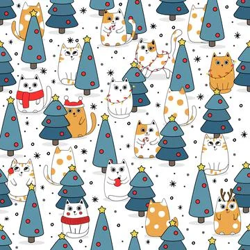 Seamless pattern background cute cat in snow for winter. Doodle style Stock Illustration