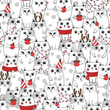Seamless pattern background cute cat in snow for winter. Doodle style Stock Illustration