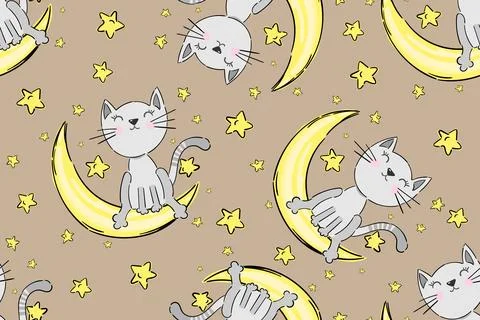 Seamless pattern background cute cat sitting on the crescent. Beige background Stock Illustration