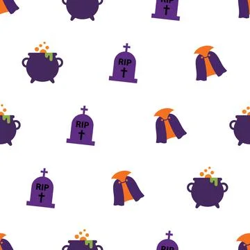 Seamless pattern background with cute Halloween icons like cauldrons tombst.. Illustrazione stock
