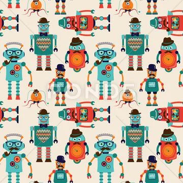 Seamless Pattern Background With Cute Hipster Robots