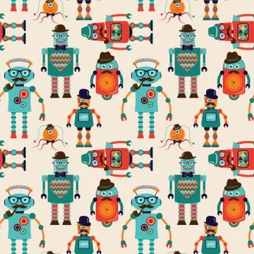 Seamless Pattern Background with Cute Hipster Robots Stock Illustration