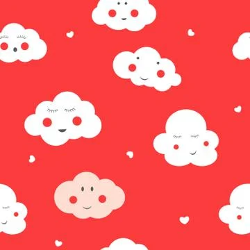 Seamless Pattern Background with Cute Little Child Cloud and Hearts. Vector I Stock Illustration