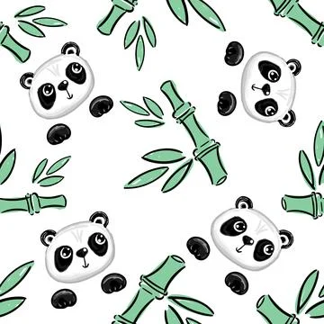 Seamless pattern background with cute panda and bamboo leaves and branch. Vector Stock Illustration