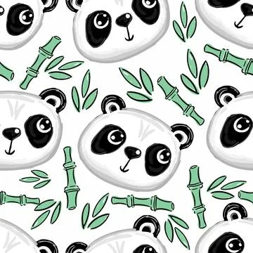 Seamless pattern background with cute panda and bamboo leaves and branch. Vector イラスト素材
