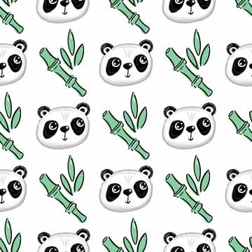 Seamless pattern background with cute panda and bamboo leaves and branch. Vector Stock Illustration
