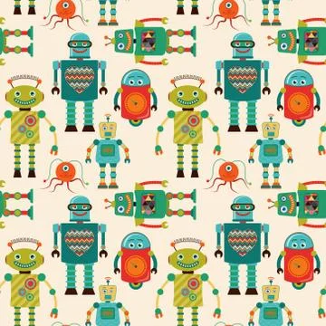 Seamless Pattern Background with Cute Retro Robots Stock Illustration