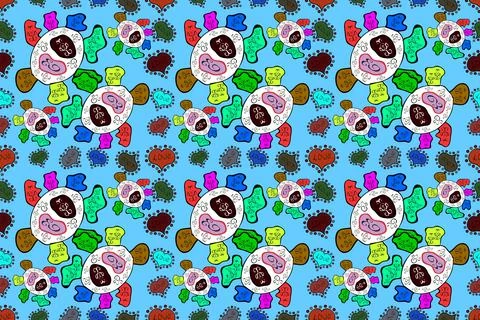 Seamless pattern background. Doodles on white, green and blue colors. Design wra Stock Illustration