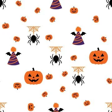 Seamless Pattern Background Featuring Cute Halloween Pumpkins Spiders and W.. Stock Illustration