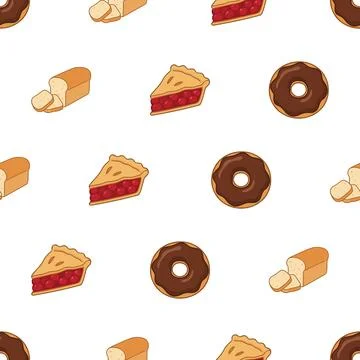 Seamless pattern background featuring delicious bakery items like donuts br.. Stock Illustration