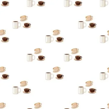 Seamless pattern background featuring various coffee cups and mugs on a whi.. Illustrazione stock