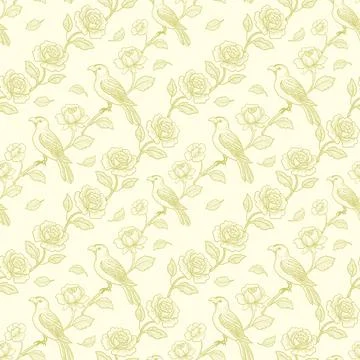 Seamless pattern, background with Floral pattern with birds and roses in art Stock Illustration