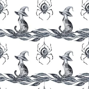 Seamless pattern background halloween black cat in a witchs hat spider on a web Stock Illustration
