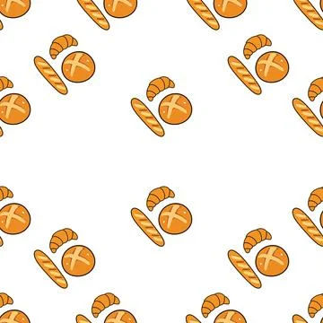 Seamless pattern background with hand drawn bakery items like bread rolls a.. Stock-Illustration